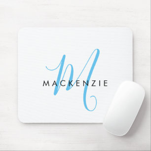 Elegant Modern White Sky Blue Script Monogram Mouse Mat