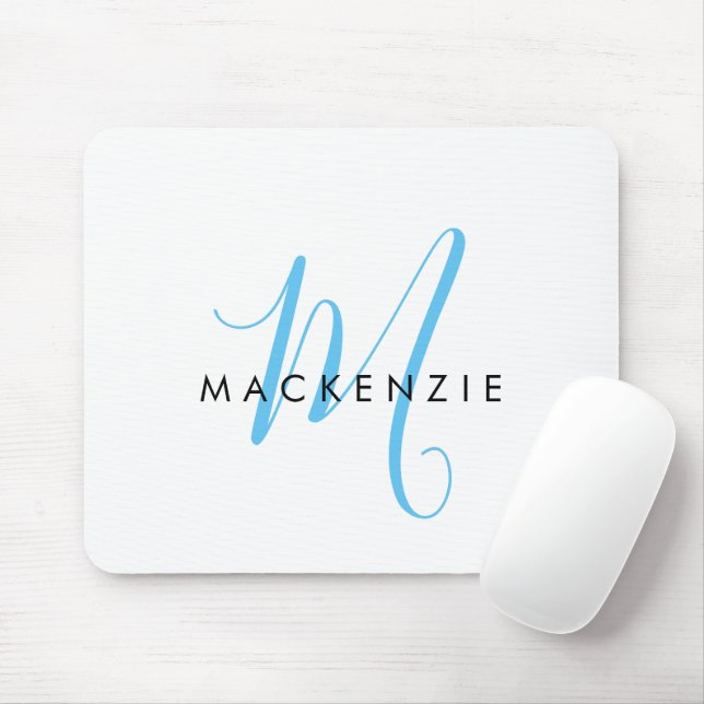Elegant Modern White Sky Blue Script Monogram Mouse Mat (With Mouse)