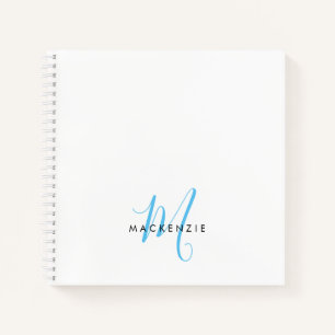 Elegant Modern White Sky Blue Script Monogram Notebook