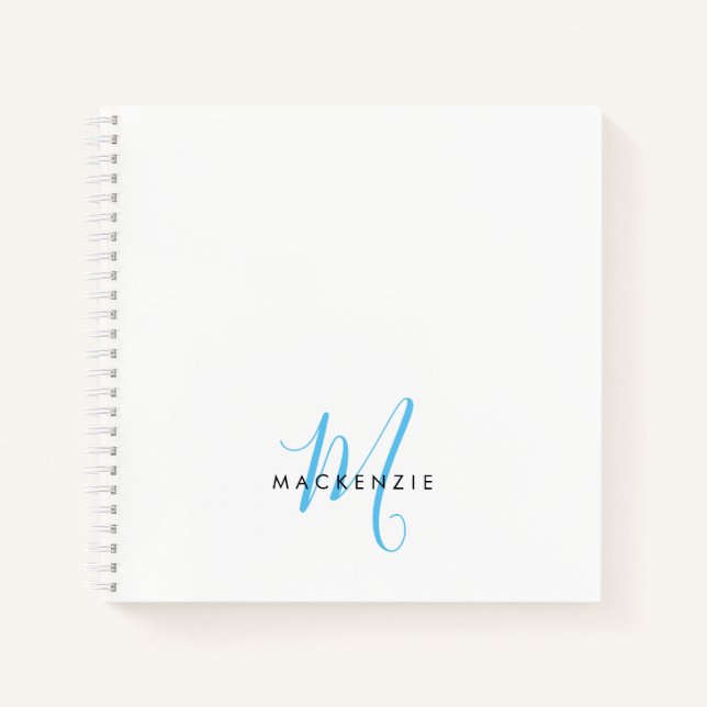 Elegant Modern White Sky Blue Script Monogram Notebook (Front)