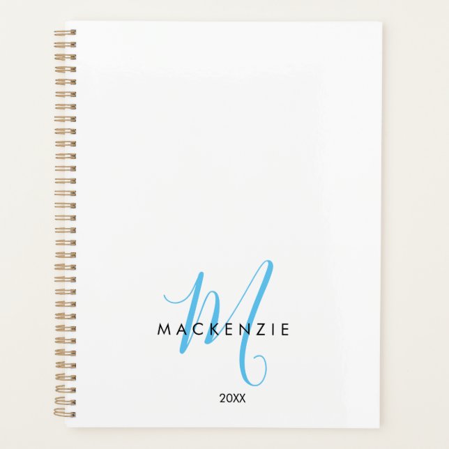 Elegant Modern White Sky Blue Script Monogram Planner (Front)