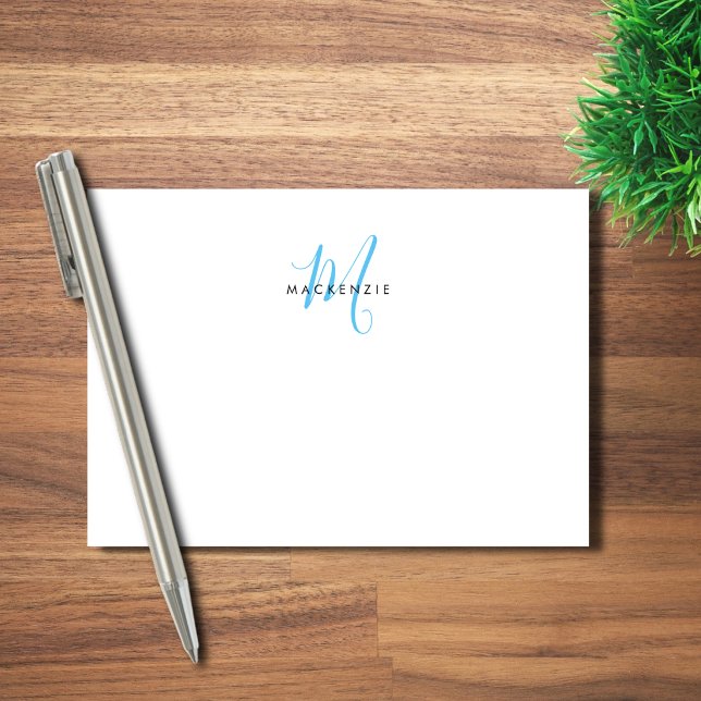 Elegant Modern White Sky Blue Script Monogram Post-it Notes (Creator Uploaded)