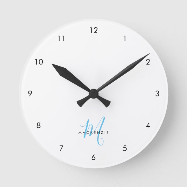 Elegant Modern White Sky Blue Script Monogram Round Clock (Front)