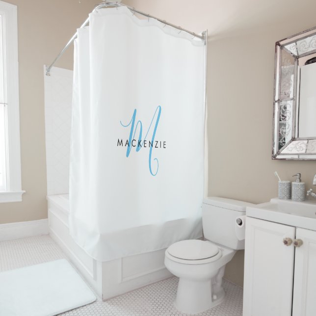 Elegant Modern White Sky Blue Script Monogram Shower Curtain (In Situ)