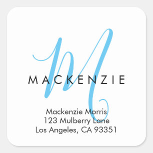 Elegant Modern White Sky Blue Script Monogram Square Sticker