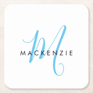 Elegant Modern White Sky Blue Script Square Paper Coaster
