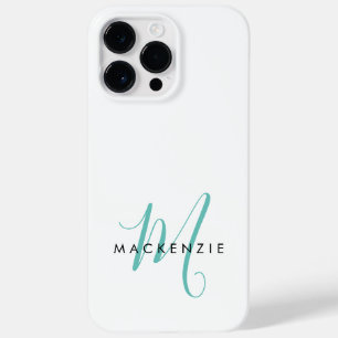 Elegant Modern White Teal Script Monogram Case-Mate iPhone 14 Pro Max Case