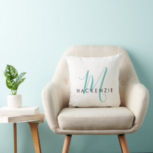Elegant Modern White Teal Script Monogram Cushion
