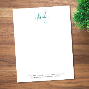 Elegant Modern White Teal Script Monogram Custom Letterhead