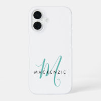 Elegant Modern White Teal Script Monogram