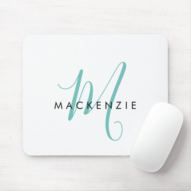 Elegant Modern White Teal Script Monogram Mouse Mat (With Mouse)