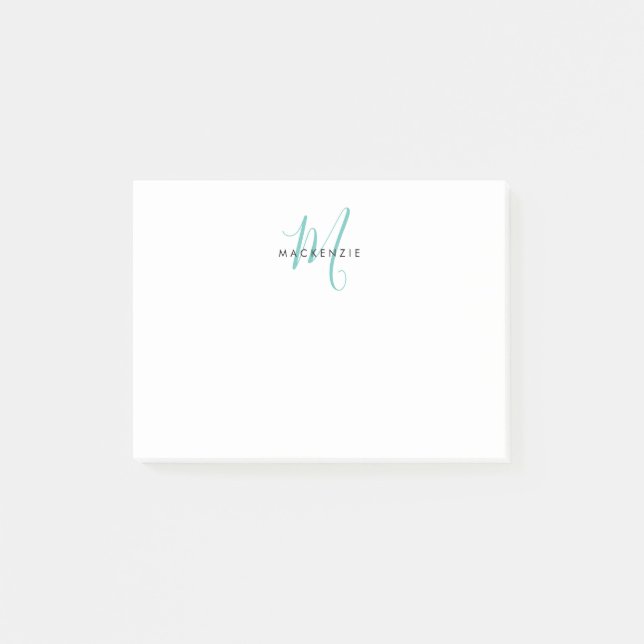 Elegant Modern White Teal Script Monogram Post-it Notes (Front)