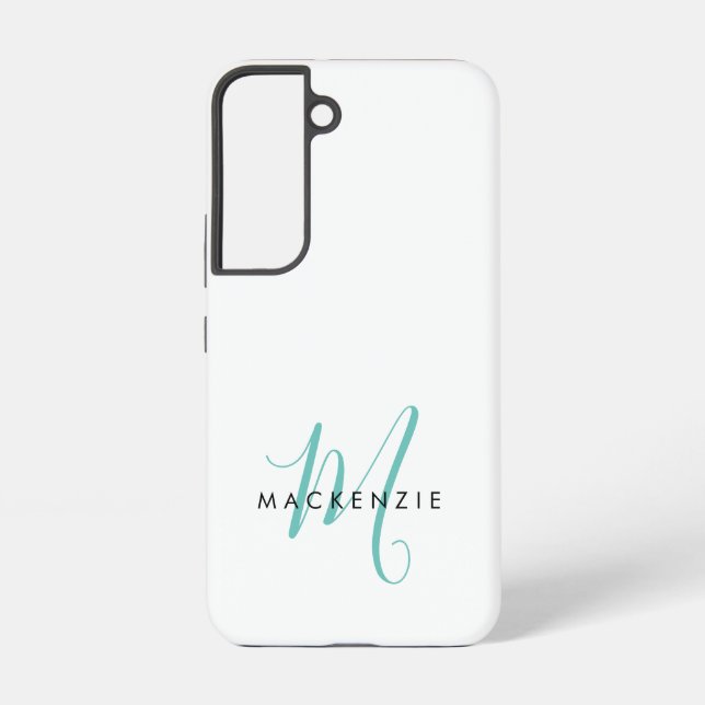 Elegant Modern White Teal Script Monogram Samsung Galaxy S22 Case (Back)