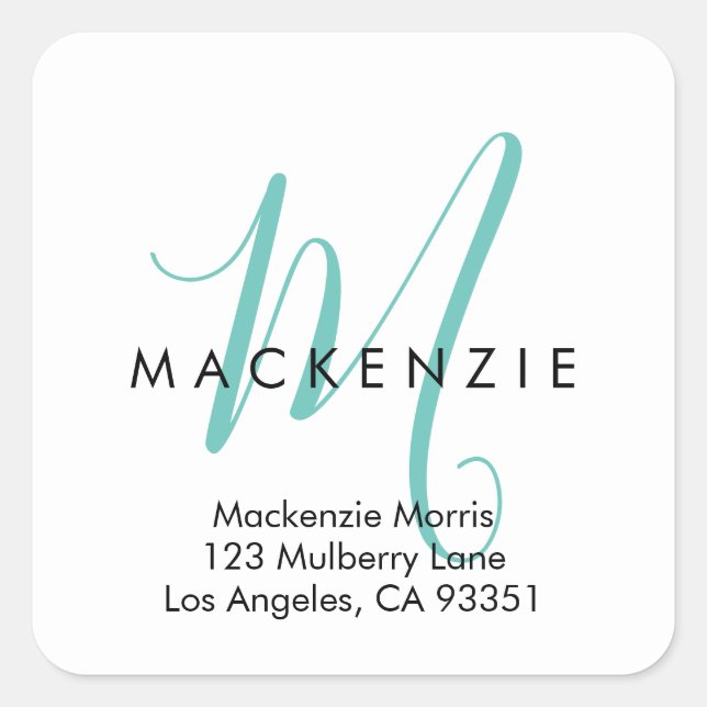 Elegant Modern White Teal Script Monogram Square Sticker (Front)