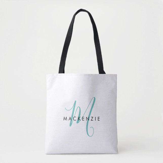 Elegant Modern White Teal Script Monogram Tote Bag (Front)
