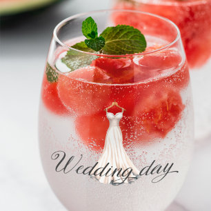 Elegant Modern White Wedding Day Dress  Stemless Wine Glass