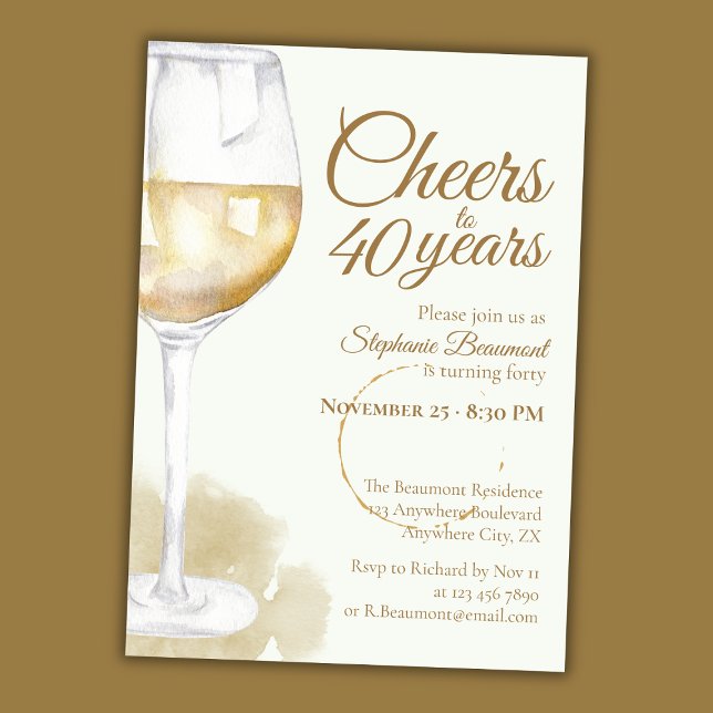 Elegant Modern White Wine Cheers 40th Birthday Invitation (Creator Uploaded)