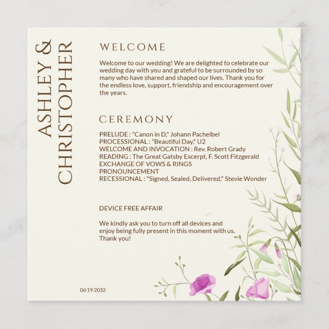 Elegant Modern Wildflower Off-White Wedding Programme (Front)
