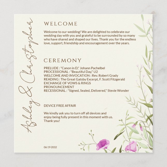 Elegant Modern Wildflower Off-White Wedding Programme (Front)