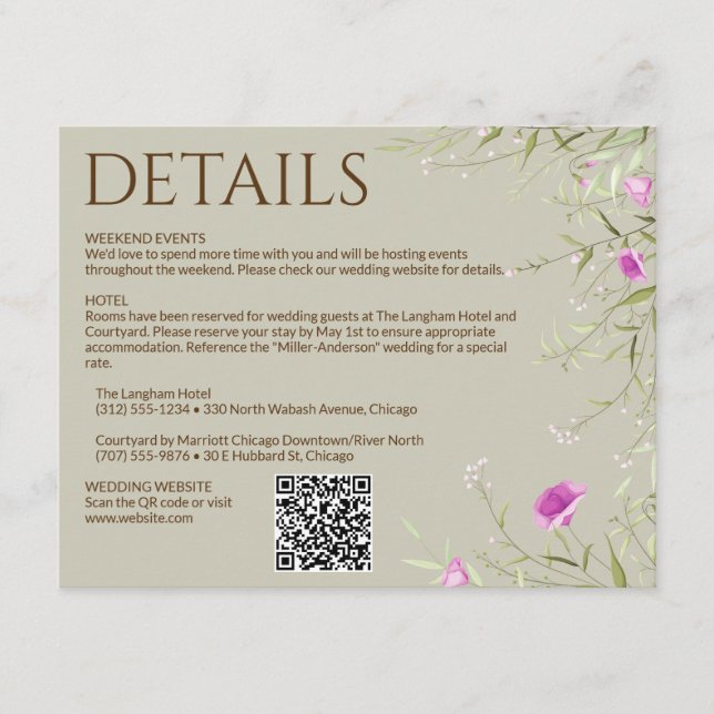 Elegant Modern Wildflower Taupe Wedding Enclosure Card (Front)