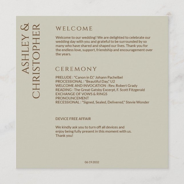 Elegant Modern Wildflower Taupe Wedding Programme (Front)