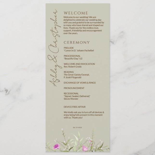 Elegant Modern Wildflower Taupe Wedding Programme (Front)