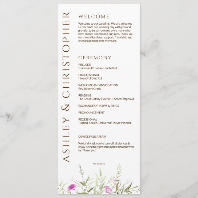 Elegant Modern Wildflower White & Bronze Wedding Programme (Front)