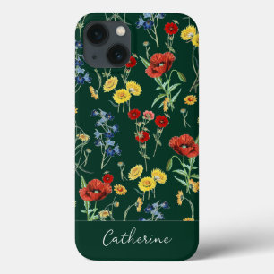 Elegant Modern Wildflowers Name Emerald Green iPhone 13 Case