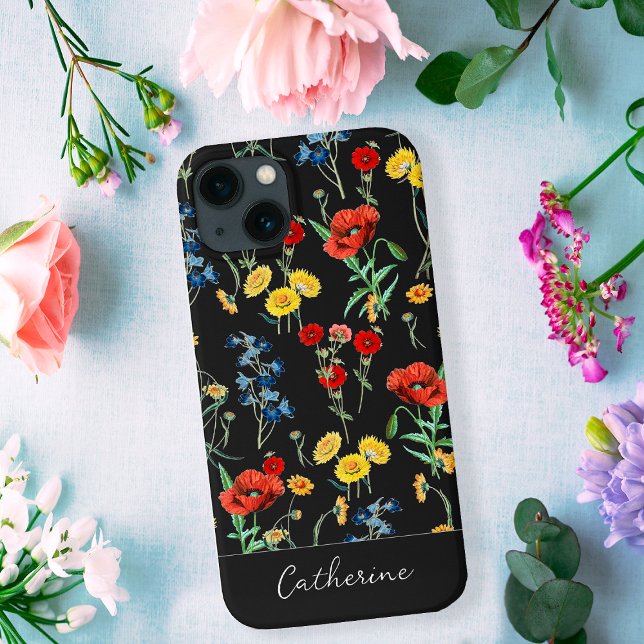 Elegant Modern Wildflowers Name on Black Case-Mate iPhone Case (Creator Uploaded)