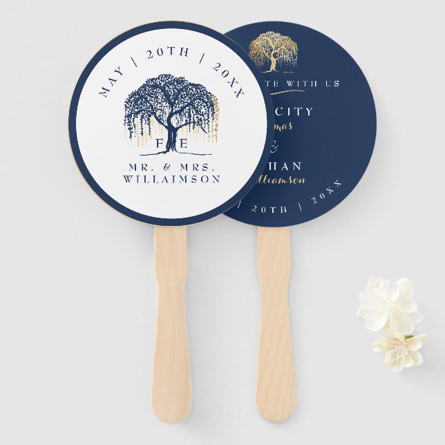 Elegant Modern Willow Tree Navy Blue Gold Wedding Hand Fan (Front and Back)