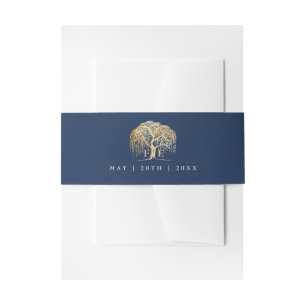 Elegant Modern Willow Tree Navy Blue Gold Wedding Invitation Belly Band