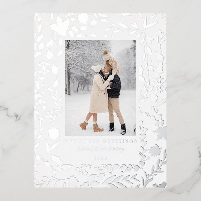 Elegant Modern Winter Botanical Photo-Silver Foil Holiday Postcard (Front)