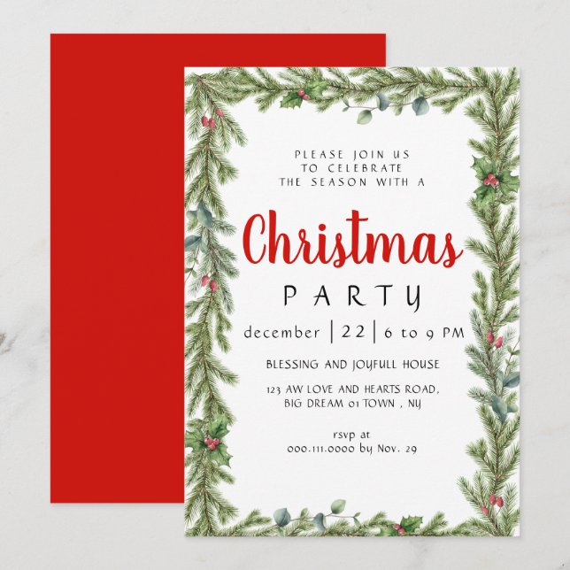Elegant Modern Winter Greenery  Christmas Party Invitation (Front/Back)