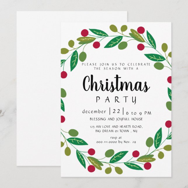 Elegant Modern Winter Greenery Christmas Party Invitation (Front/Back)