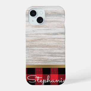 Elegant Modern Wood Gold Buffalo Plaid Name iPhone 15 Case