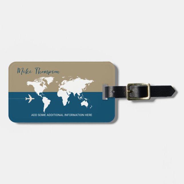 Elegant Modern World Map Luggage Tag (Front Horizontal)