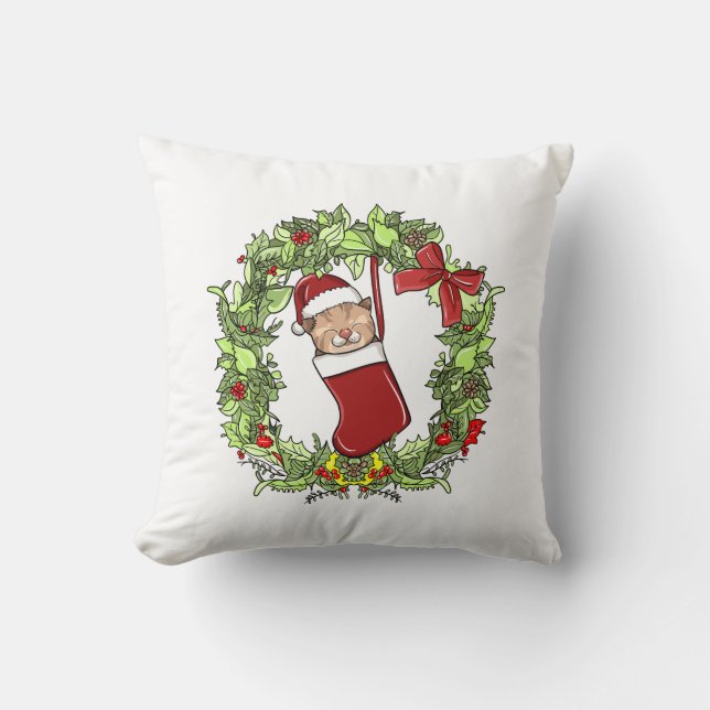 Elegant Modern Wreath Christmas Kitten in Stocking Cushion (Front)
