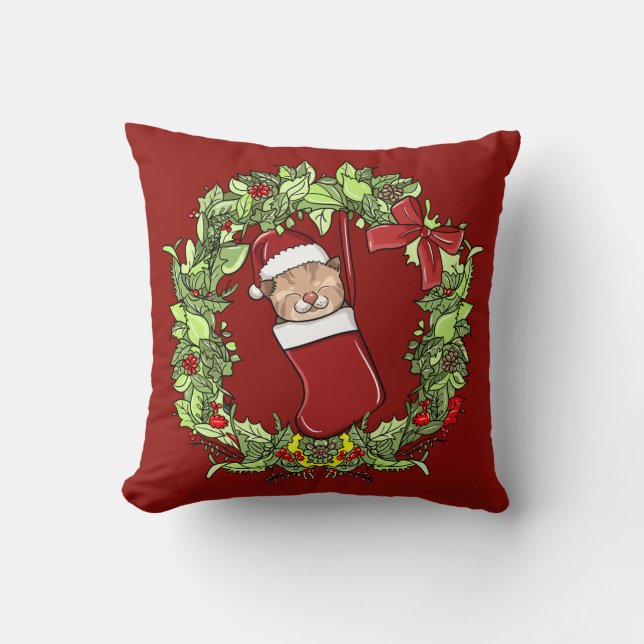 Elegant Modern Wreath Christmas Kitten in Stocking Cushion (Front)