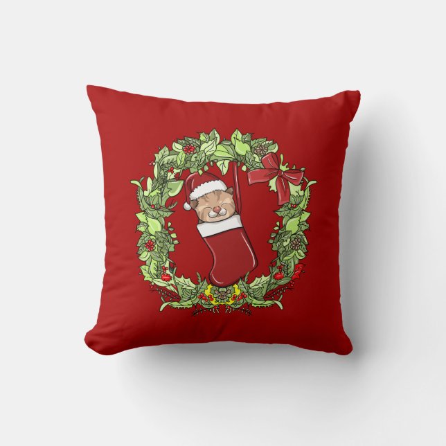 Elegant Modern Wreath Christmas Kitten in Stocking Cushion (Front)