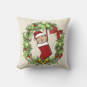 Elegant Modern Wreath Christmas Kitten in Stocking Cushion
