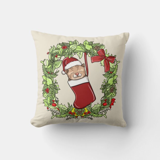 Elegant Modern Wreath Christmas Kitten in Stocking Cushion (Front)