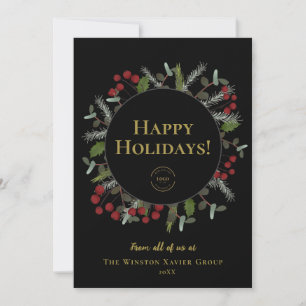 Elegant Modern Wreath Holly Corporate with logo Holiday Card
