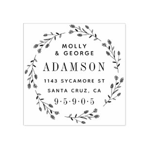 Elegant Modern Wreath Just Married Return Address Rubber Stamp