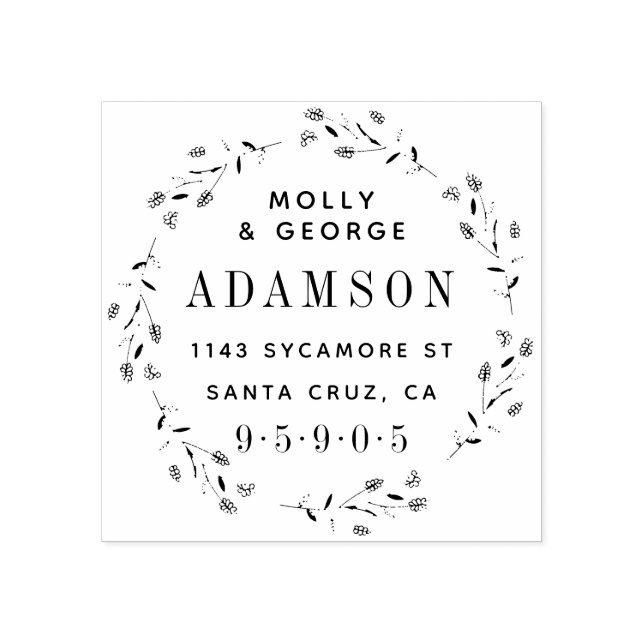 Elegant Modern Wreath Just Married Return Address Rubber Stamp (Imprint)