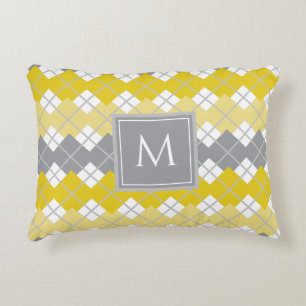 Elegant Modern Yellow and Grey Argyle Pattern Decorative Cushion
