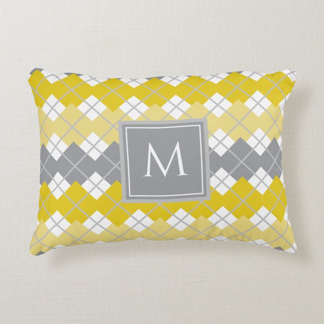 Elegant Modern Yellow and Grey Argyle Pattern   Decorative Cushion (Front)