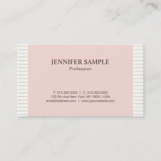 Elegant Modish Blush Pink Gold White Design Plain Business Card (Front)