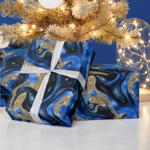 Elegant Molten Blue  and Gold Glitter Birthday Wrapping Paper
