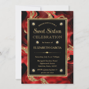 Elegant Molten Red and Gold Glitter Sweet 16 Invitation