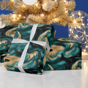 Elegant Molten Teal and Gold Foil Birthday Wrapping Paper